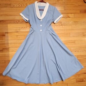Baby Blue Short Sleeve A-Line Retro 1950's Style Swing Dress